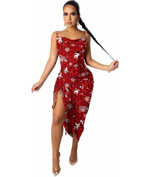 Women's Spaghetti Strap Satin Dress Sexy Backless Drawstring Ruched Split Hem Cocktail Evening Party