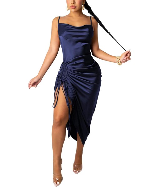 Women's Spaghetti Strap Satin Dress Sexy Backless Drawstring Ruched Split Hem Cocktail Evening Party