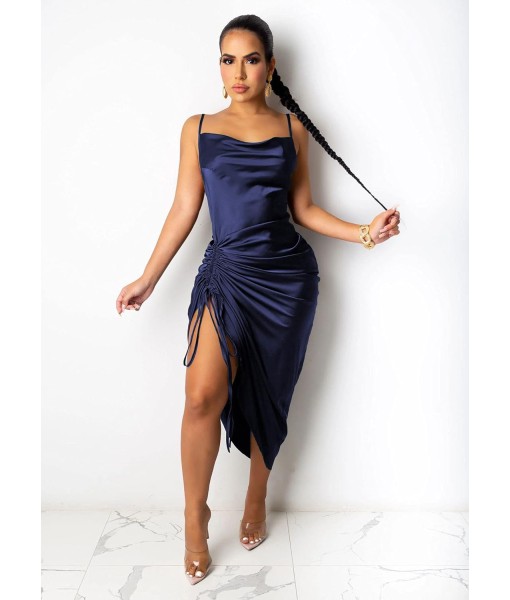 Women's Spaghetti Strap Satin Dress Sexy Backless Drawstring Ruched Split Hem Cocktail Evening Party