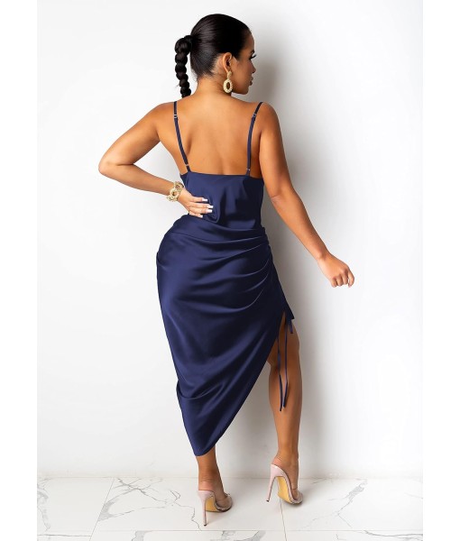 Women's Spaghetti Strap Satin Dress Sexy Backless Drawstring Ruched Split Hem Cocktail Evening Party