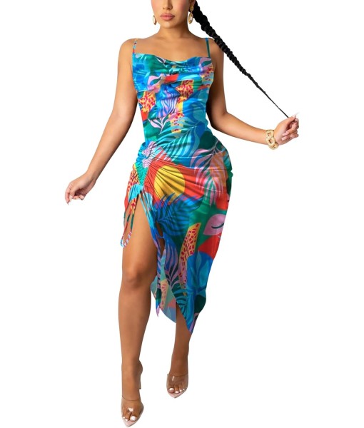 Women's Spaghetti Strap Satin Dress Sexy Backless Drawstring Ruched Split Hem Cocktail Evening Party