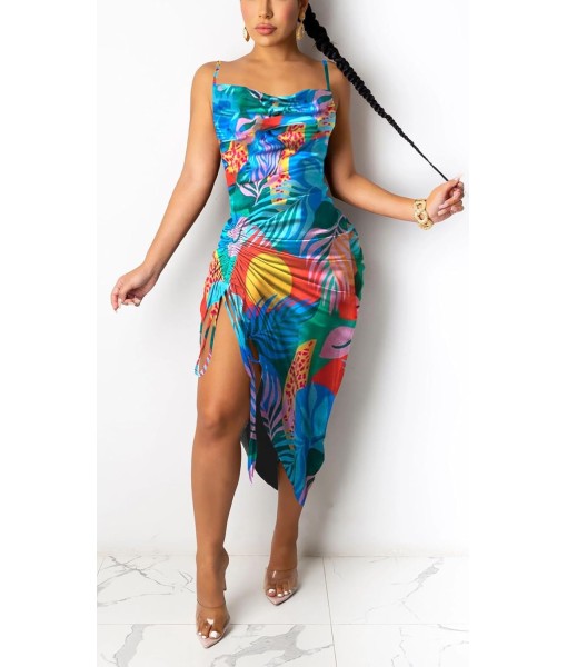 Women's Spaghetti Strap Satin Dress Sexy Backless Drawstring Ruched Split Hem Cocktail Evening Party