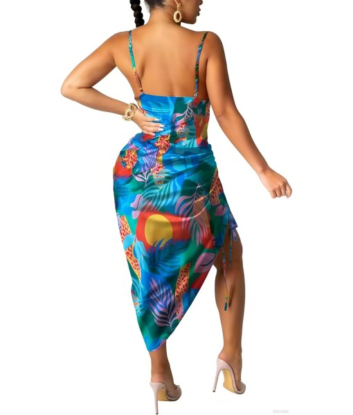 Women's Spaghetti Strap Satin Dress Sexy Backless Drawstring Ruched Split Hem Cocktail Evening Party