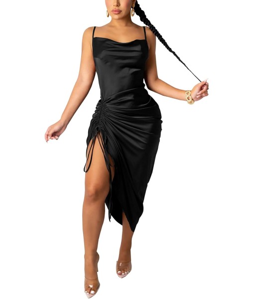 Women's Spaghetti Strap Satin Dress Sexy Backless Drawstring Ruched Split Hem Cocktail Evening Party