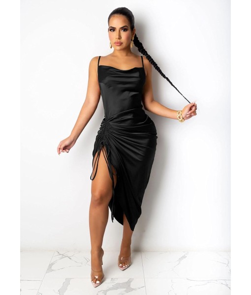 Women's Spaghetti Strap Satin Dress Sexy Backless Drawstring Ruched Split Hem Cocktail Evening Party