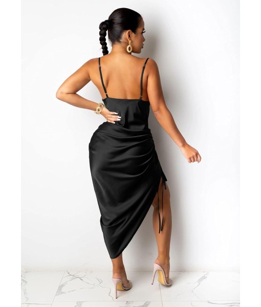Women's Spaghetti Strap Satin Dress Sexy Backless Drawstring Ruched Split Hem Cocktail Evening Party