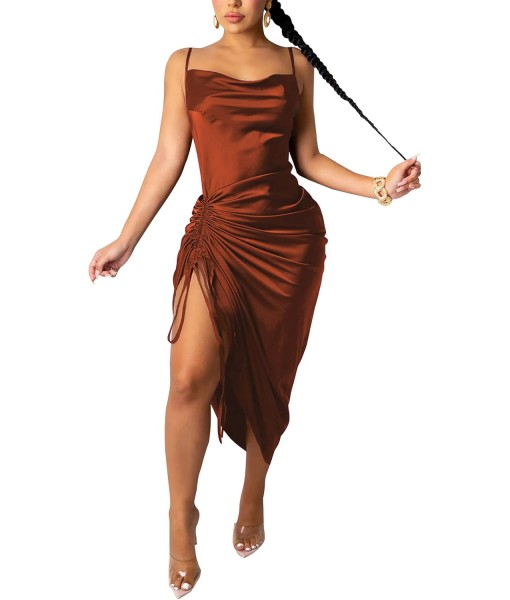 Women's Spaghetti Strap Satin Dress Sexy Backless Drawstring Ruched Split Hem Cocktail Evening Party