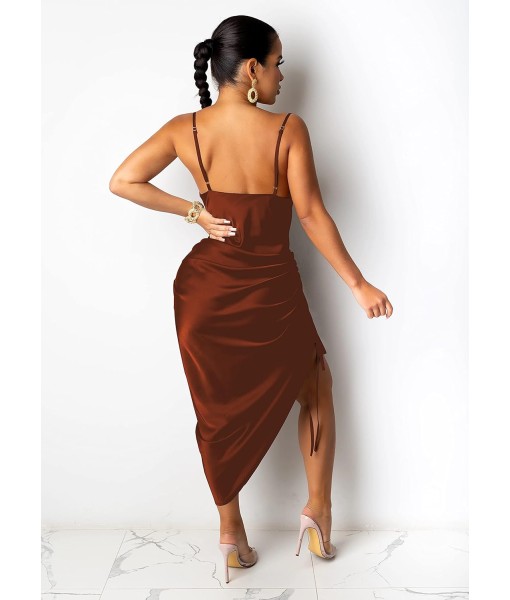Women's Spaghetti Strap Satin Dress Sexy Backless Drawstring Ruched Split Hem Cocktail Evening Party