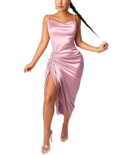 Women's Spaghetti Strap Satin Dress Sexy Backless Drawstring Ruched Split Hem Cocktail Evening Party