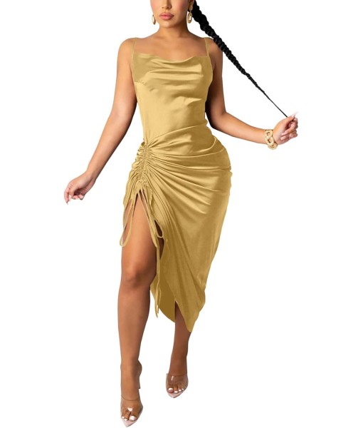 Women's Spaghetti Strap Satin Dress Sexy Backless Drawstring Ruched Split Hem Cocktail Evening Party