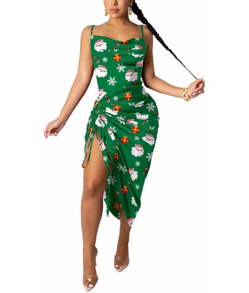 Women's Spaghetti Strap Satin Dress Sexy Backless Drawstring Ruched Split Hem Cocktail Evening Party