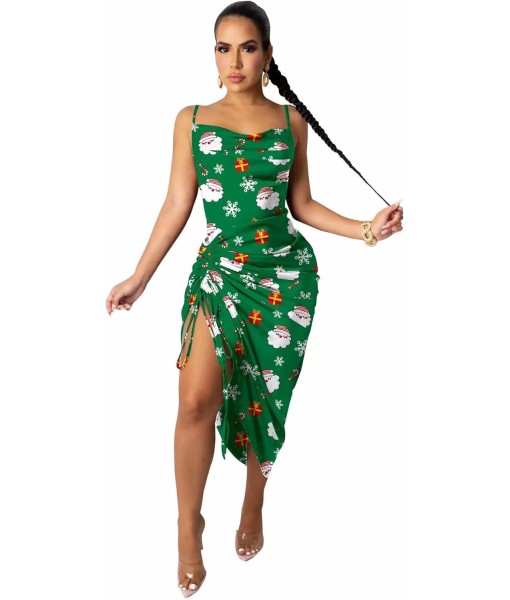 Women's Spaghetti Strap Satin Dress Sexy Backless Drawstring Ruched Split Hem Cocktail Evening Party