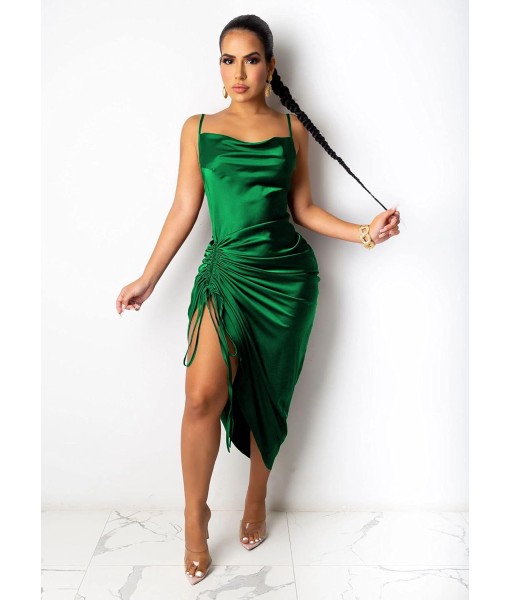 Women's Spaghetti Strap Satin Dress Sexy Backless Drawstring Ruched Split Hem Cocktail Evening Party