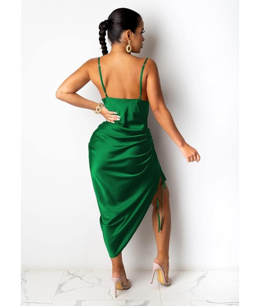Women's Spaghetti Strap Satin Dress Sexy Backless Drawstring Ruched Split Hem Cocktail Evening Party
