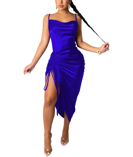 Women's Spaghetti Strap Satin Dress Sexy Backless Drawstring Ruched Split Hem Cocktail Evening Party