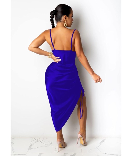 Women's Spaghetti Strap Satin Dress Sexy Backless Drawstring Ruched Split Hem Cocktail Evening Party