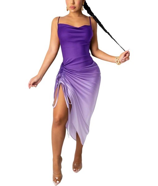 Women's Spaghetti Strap Satin Dress Sexy Backless Drawstring Ruched Split Hem Cocktail Evening Party