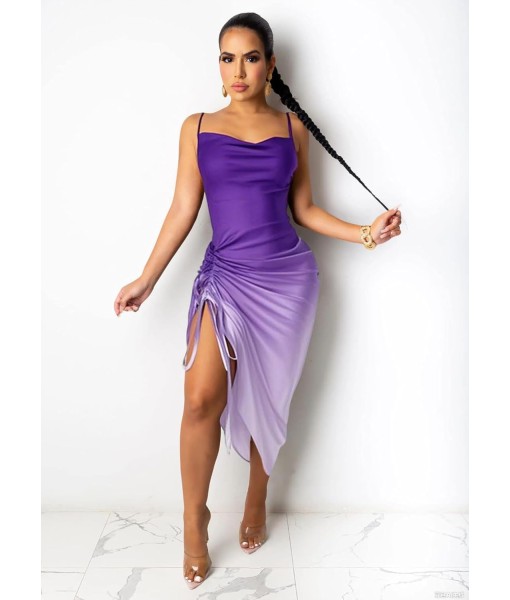 Women's Spaghetti Strap Satin Dress Sexy Backless Drawstring Ruched Split Hem Cocktail Evening Party