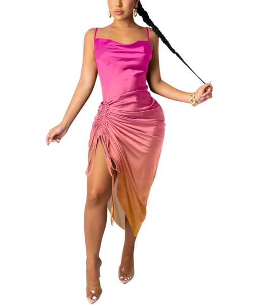 Women's Spaghetti Strap Satin Dress Sexy Backless Drawstring Ruched Split Hem Cocktail Evening Party