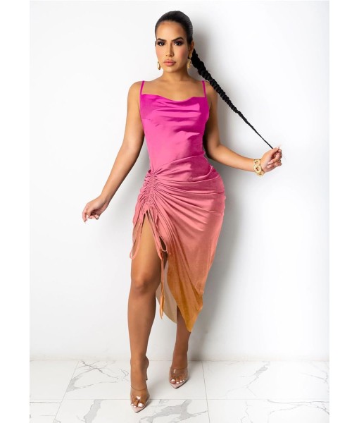 Women's Spaghetti Strap Satin Dress Sexy Backless Drawstring Ruched Split Hem Cocktail Evening Party