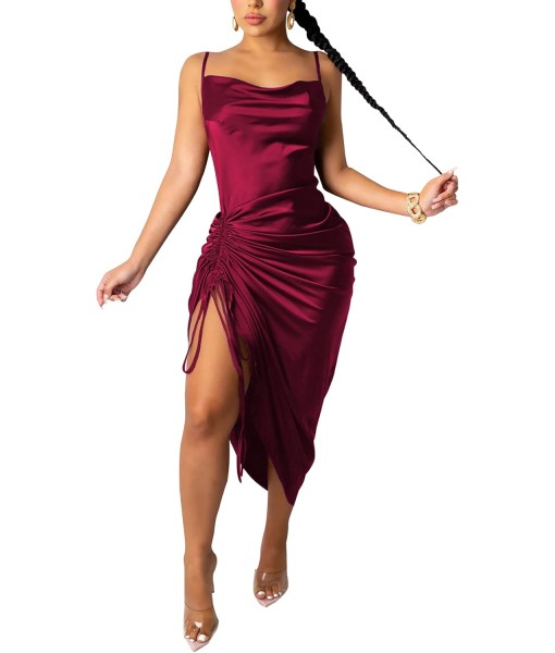 Women's Spaghetti Strap Satin Dress Sexy Backless Drawstring Ruched Split Hem Cocktail Evening Party