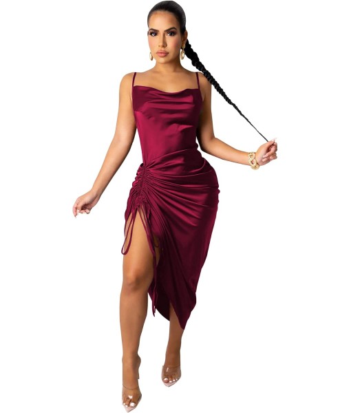 Women's Spaghetti Strap Satin Dress Sexy Backless Drawstring Ruched Split Hem Cocktail Evening Party