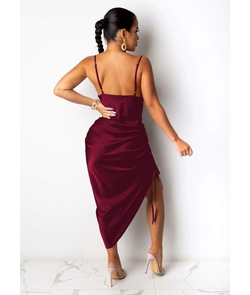 Women's Spaghetti Strap Satin Dress Sexy Backless Drawstring Ruched Split Hem Cocktail Evening Party