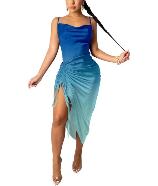 Women's Spaghetti Strap Satin Dress Sexy Backless Drawstring Ruched Split Hem Cocktail Evening Party
