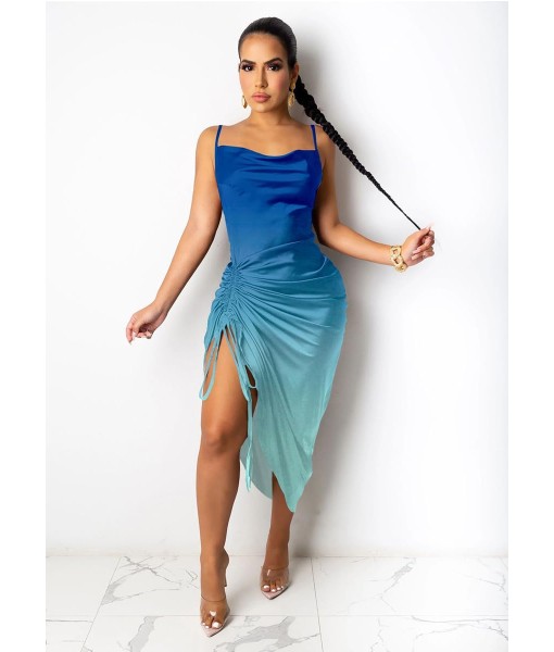 Women's Spaghetti Strap Satin Dress Sexy Backless Drawstring Ruched Split Hem Cocktail Evening Party
