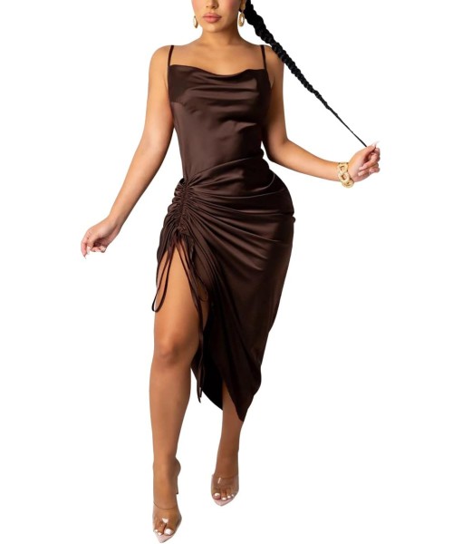 Women's Spaghetti Strap Satin Dress Sexy Backless Drawstring Ruched Split Hem Cocktail Evening Party