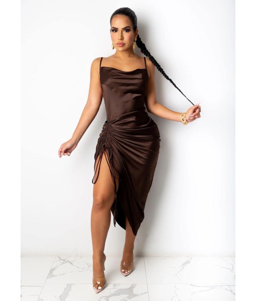 Women's Spaghetti Strap Satin Dress Sexy Backless Drawstring Ruched Split Hem Cocktail Evening Party