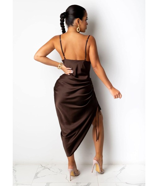 Women's Spaghetti Strap Satin Dress Sexy Backless Drawstring Ruched Split Hem Cocktail Evening Party