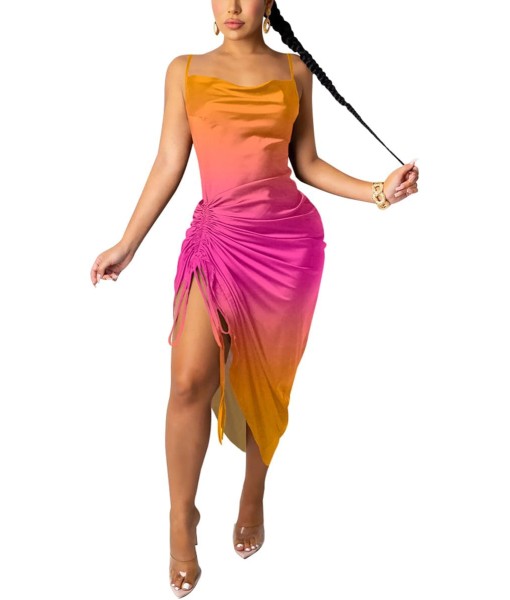 Women's Spaghetti Strap Satin Dress Sexy Backless Drawstring Ruched Split Hem Cocktail Evening Party