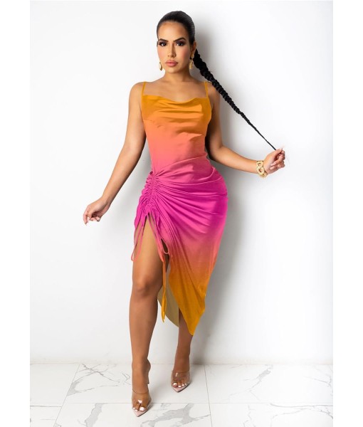 Women's Spaghetti Strap Satin Dress Sexy Backless Drawstring Ruched Split Hem Cocktail Evening Party