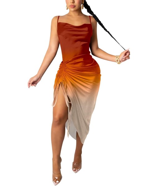 Women's Spaghetti Strap Satin Dress Sexy Backless Drawstring Ruched Split Hem Cocktail Evening Party
