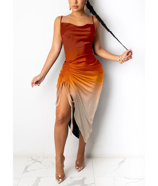 Women's Spaghetti Strap Satin Dress Sexy Backless Drawstring Ruched Split Hem Cocktail Evening Party
