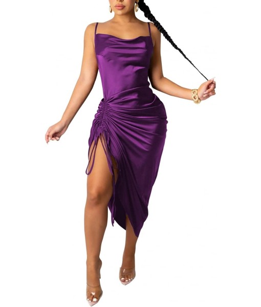Women's Spaghetti Strap Satin Dress Sexy Backless Drawstring Ruched Split Hem Cocktail Evening Party