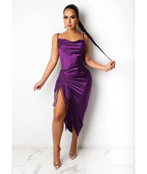 Women's Spaghetti Strap Satin Dress Sexy Backless Drawstring Ruched Split Hem Cocktail Evening Party