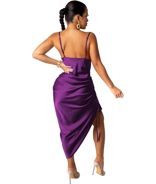Women's Spaghetti Strap Satin Dress Sexy Backless Drawstring Ruched Split Hem Cocktail Evening Party
