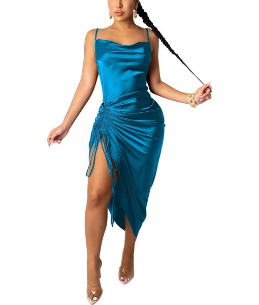Women's Spaghetti Strap Satin Dress Sexy Backless Drawstring Ruched Split Hem Cocktail Evening Party