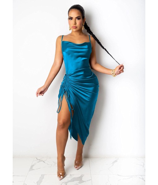 Women's Spaghetti Strap Satin Dress Sexy Backless Drawstring Ruched Split Hem Cocktail Evening Party
