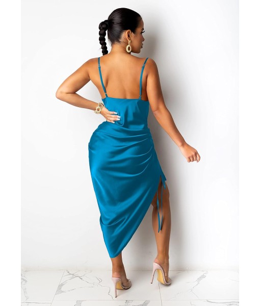 Women's Spaghetti Strap Satin Dress Sexy Backless Drawstring Ruched Split Hem Cocktail Evening Party