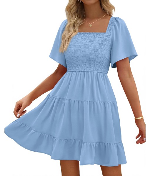 BTFBM Women's Summer Smocked Mini Dress Square Neck Flutter Sleeve Casual Ruffle Flared Swing Boho Beach Dresses Pockets