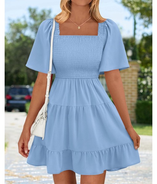 BTFBM Women's Summer Smocked Mini Dress Square Neck Flutter Sleeve Casual Ruffle Flared Swing Boho Beach Dresses Pockets