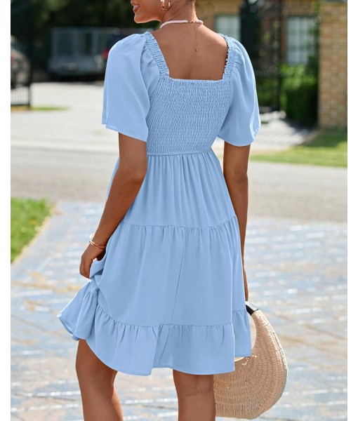 BTFBM Women's Summer Smocked Mini Dress Square Neck Flutter Sleeve Casual Ruffle Flared Swing Boho Beach Dresses Pockets