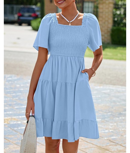 BTFBM Women's Summer Smocked Mini Dress Square Neck Flutter Sleeve Casual Ruffle Flared Swing Boho Beach Dresses Pockets