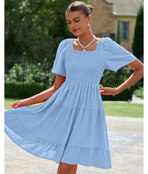 BTFBM Women's Summer Smocked Mini Dress Square Neck Flutter Sleeve Casual Ruffle Flared Swing Boho Beach Dresses Pockets