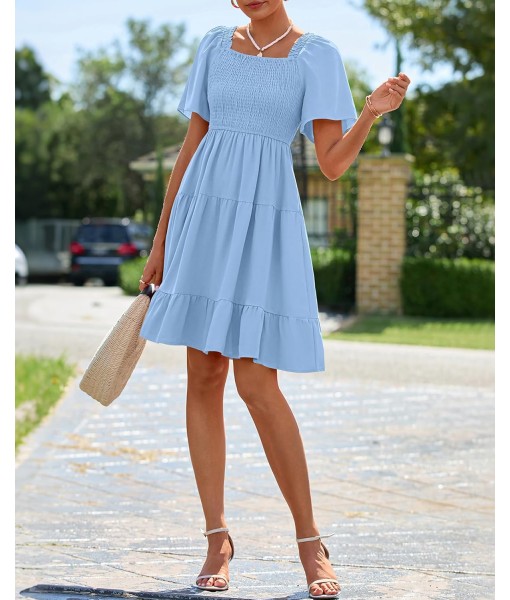 BTFBM Women's Summer Smocked Mini Dress Square Neck Flutter Sleeve Casual Ruffle Flared Swing Boho Beach Dresses Pockets
