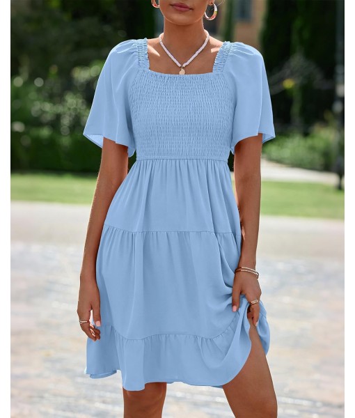 BTFBM Women's Summer Smocked Mini Dress Square Neck Flutter Sleeve Casual Ruffle Flared Swing Boho Beach Dresses Pockets