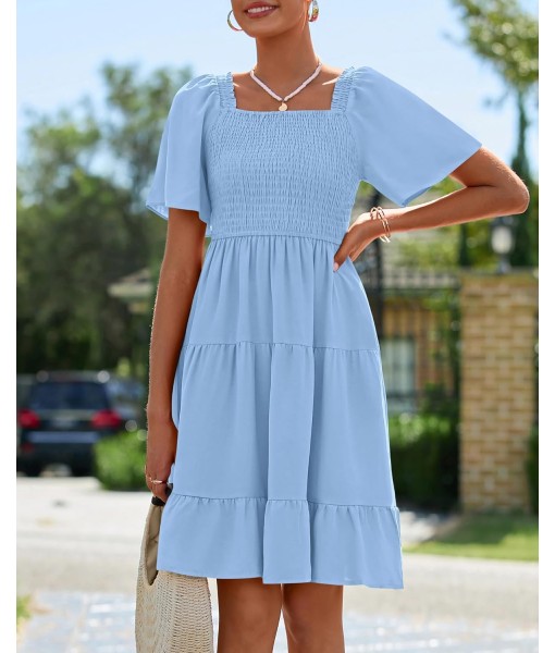 BTFBM Women's Summer Smocked Mini Dress Square Neck Flutter Sleeve Casual Ruffle Flared Swing Boho Beach Dresses Pockets